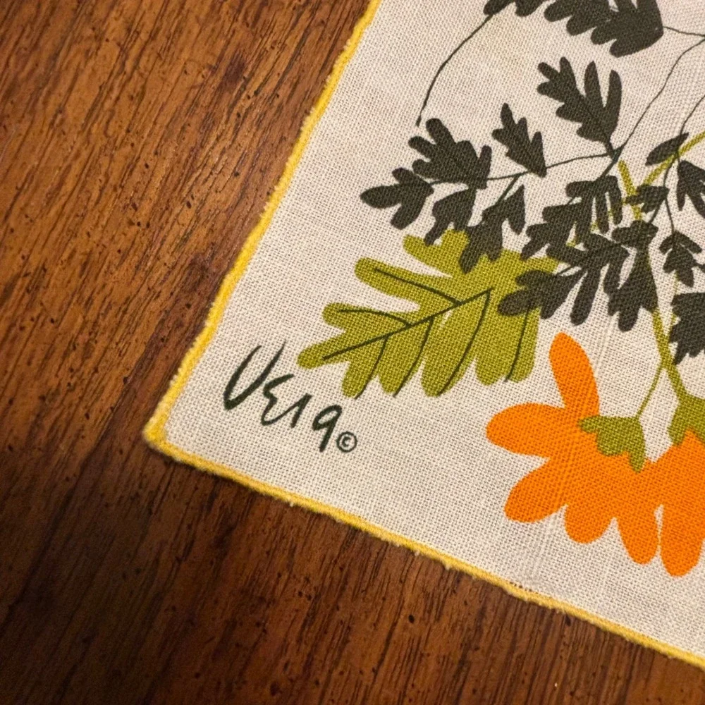 Vintage Green Yellow Vera Neumann Botanical Fern Floral Linen Napkin